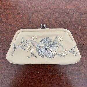 Lulu Guinness Vintage Beaded And Embroidered Floral Satin Tan Clutch